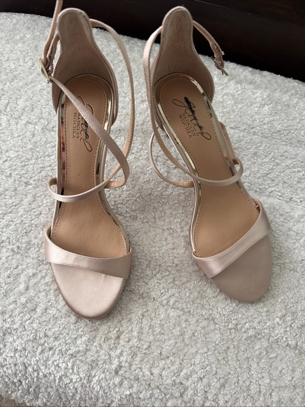 Jewel Badgley Mishka Blush Satin Strappy Heels